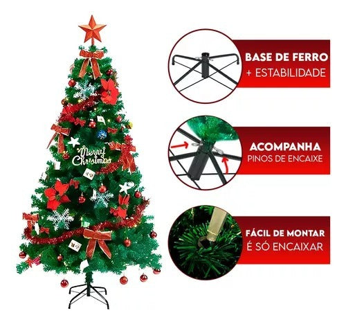 Arvore De Natal 150cm Verde 300 Galhos Tradicional+75enfeite