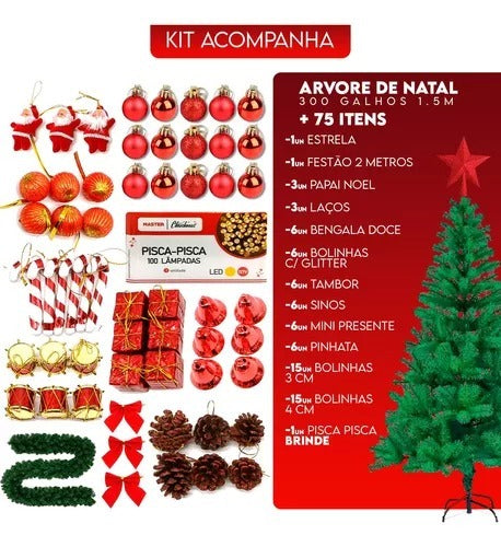 Arvore De Natal 150cm Verde 300 Galhos Tradicional+75enfeite